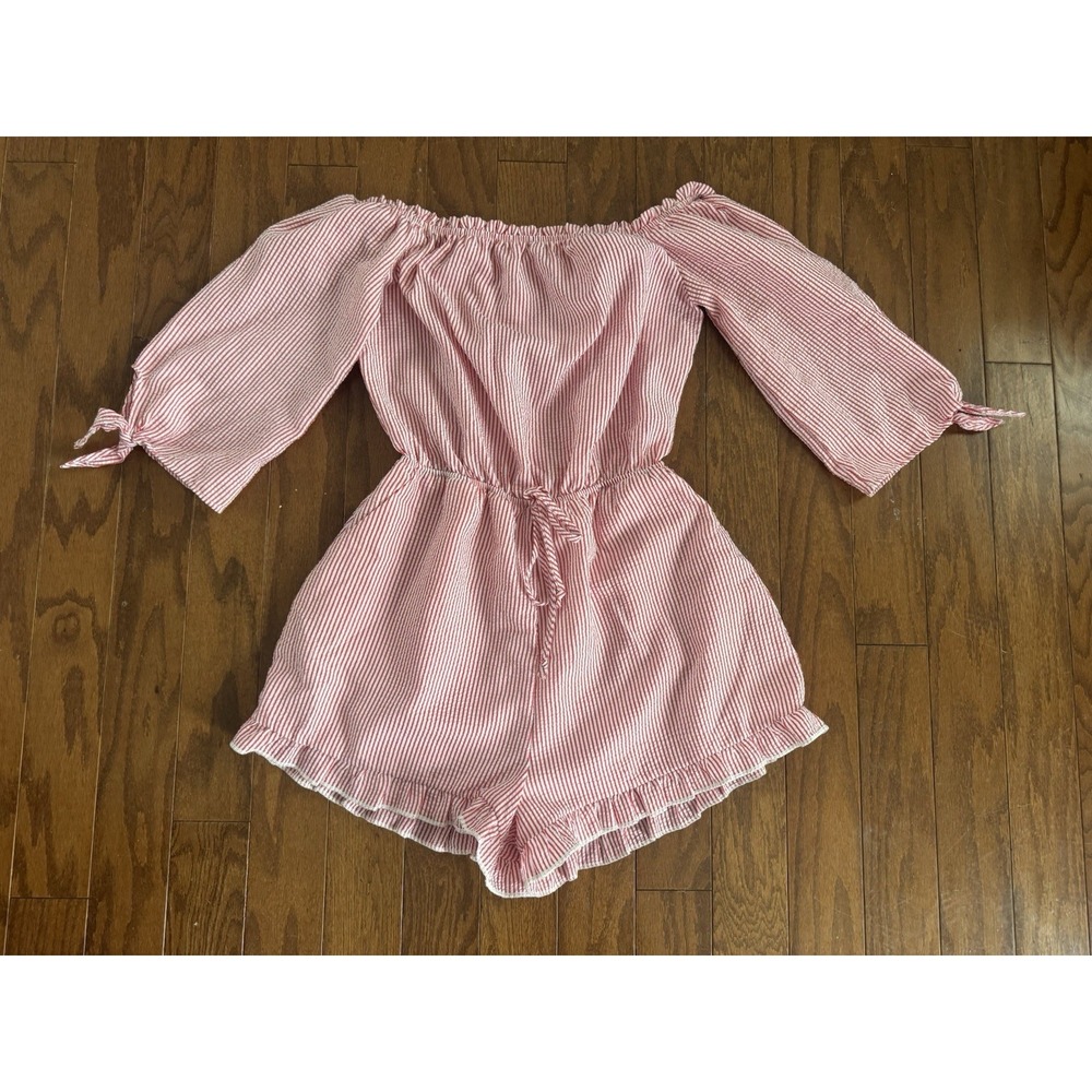 Peach Love California Womens Medium Red White Stripe Off Shoulder Romper Beach‎
